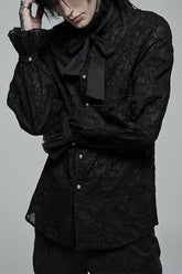 Chemise noire gothique à manches longues en tissu texturé en maille avec dentelle plissée et design à nœud pour homme
